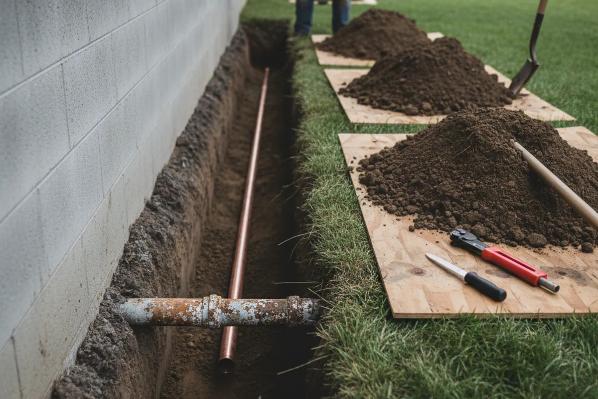 Excavated water line trench during Water Softener Installation in Hasbrouck Heights